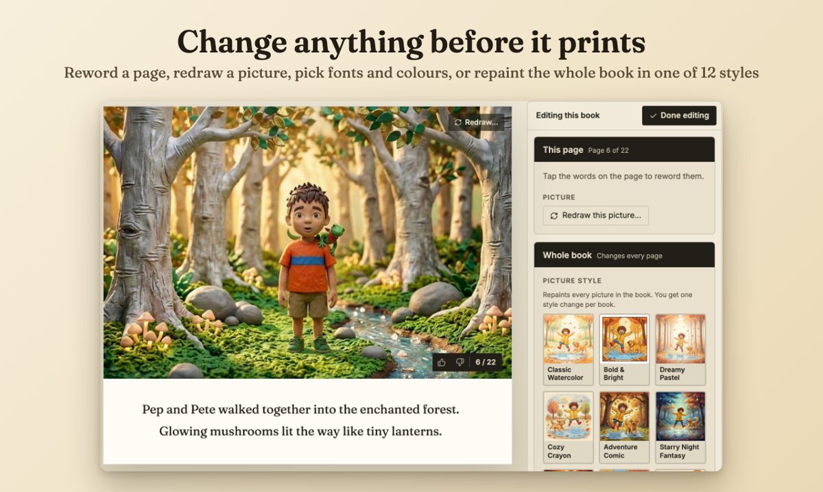 The book editor with text, fonts, colors and art style options