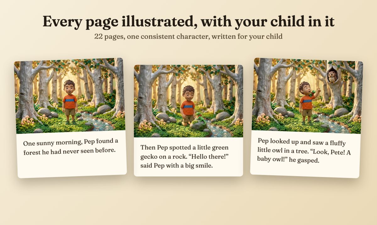 Three illustrated pages of a TeddyReads book with the same character