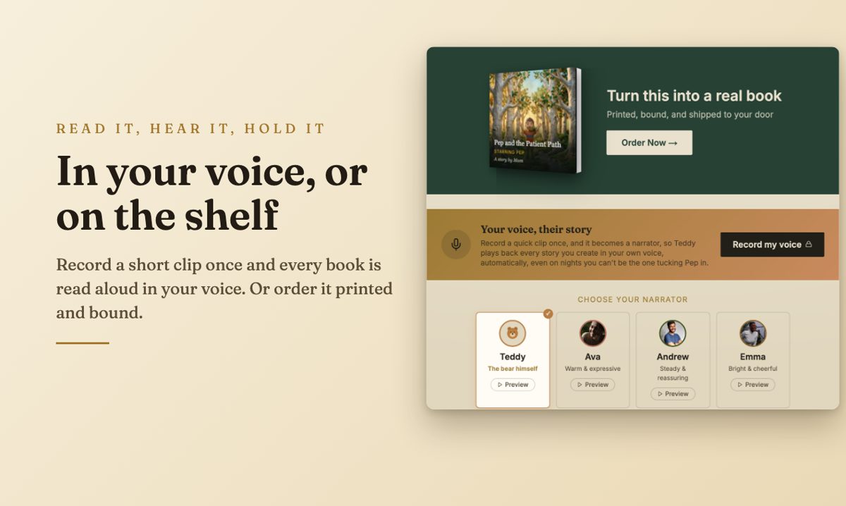 The narration voice picker and the order-a-printed-book panel